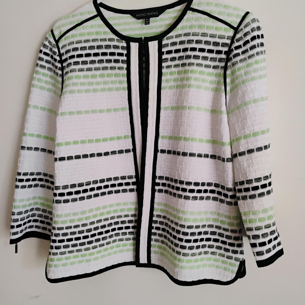 Ming Wang Striped Knit Open-Front Jacket in White, Black & Lime